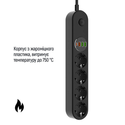 ColorWay Extension Cord, 4 x Schuko - 3 x USB-A - 1 x USB-C, Black