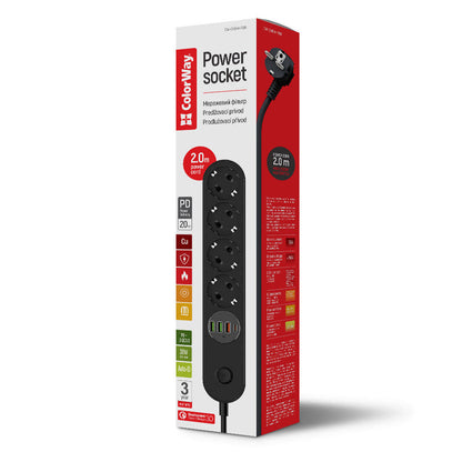 ColorWay Extension Cord, 4 x Schuko - 3 x USB-A - 1 x USB-C, Black