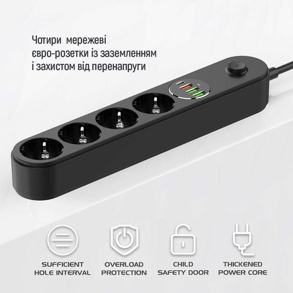 ColorWay Extension Cord, 4 x Schuko - 3 x USB-A - 1 x USB-C, Black