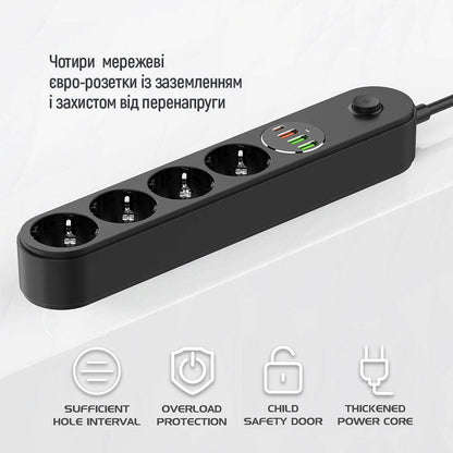 ColorWay Extension Cord, 4 x Schuko - 3 x USB-A - 1 x USB-C, Black