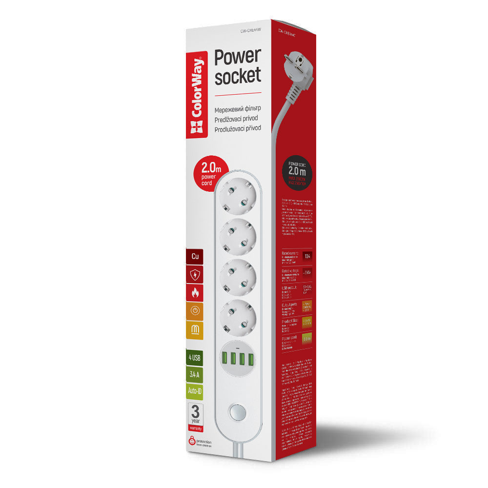 ColorWay Extension Cord, 4 x Schuko - 4 x USB-A, White