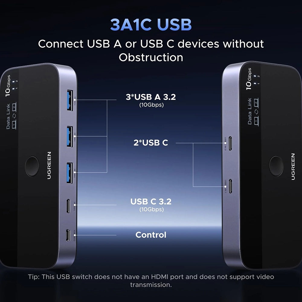 UGREEN CM691 USB Switch (45784), 3 x USB-A 3.2 - 1 x USB-C - 1 x miniUSB, Black