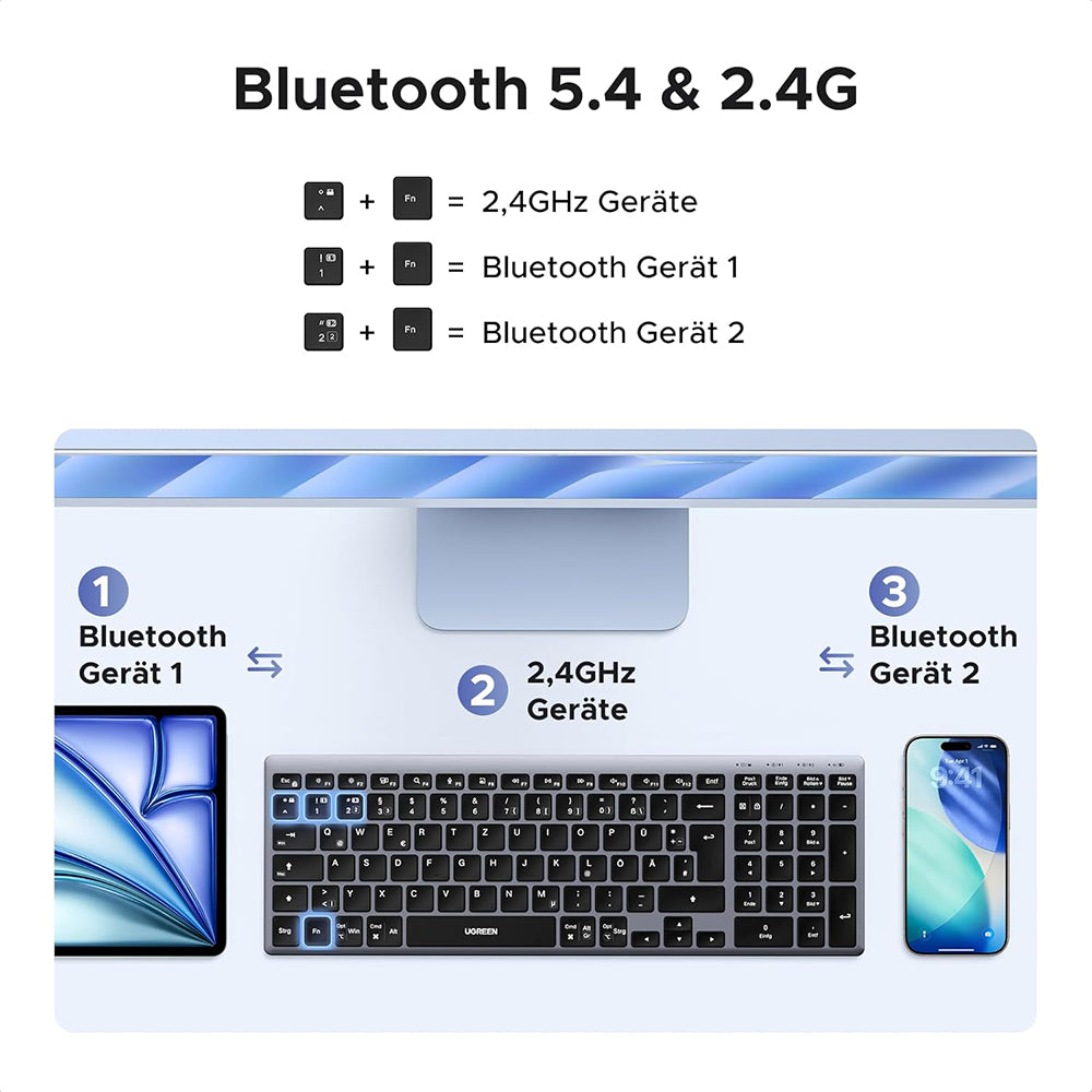UGREEN K552 Wireless Keyboard (75163), BT / Wi-Fi, Black